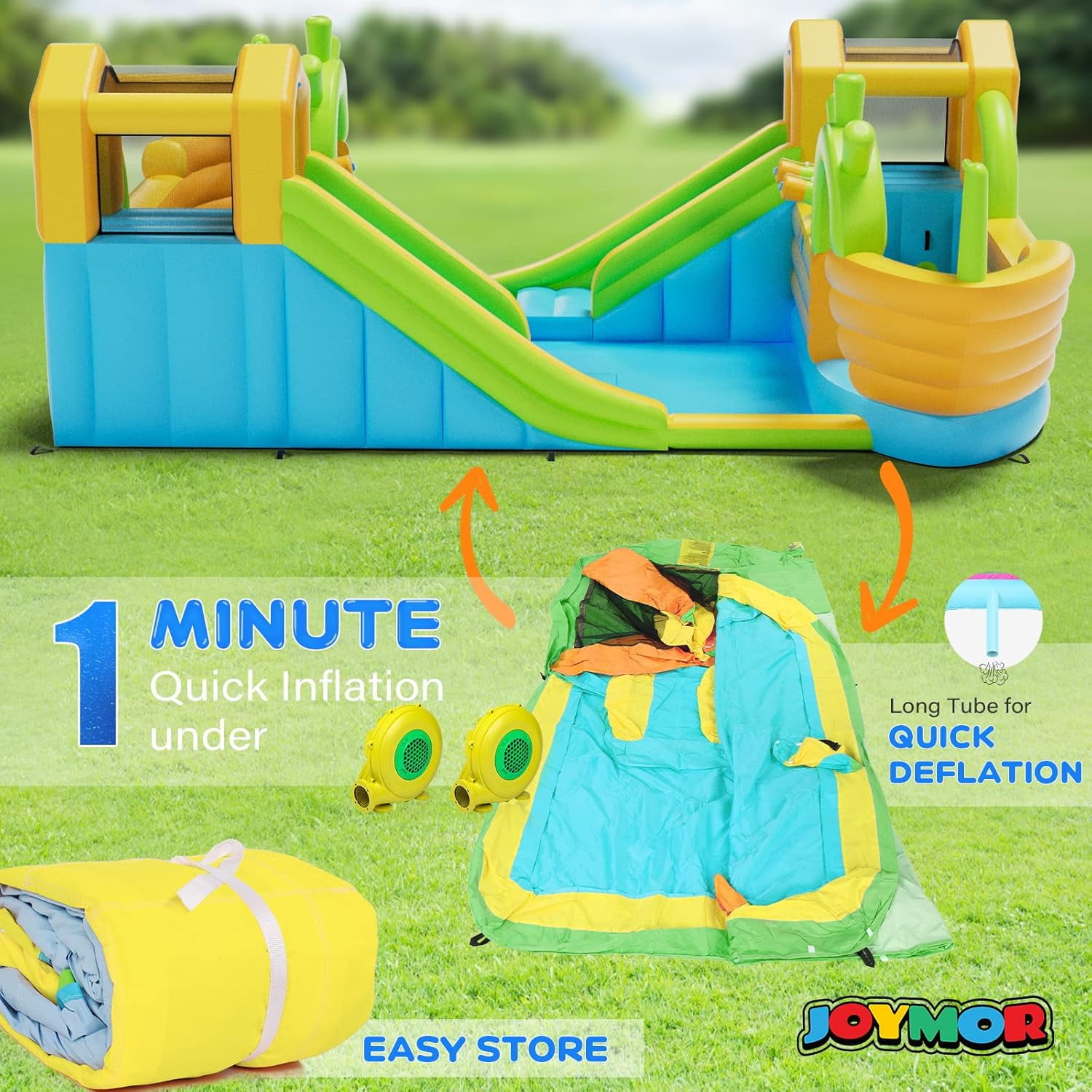 JOYMOR Inflatable Bounce House with 2 Pirate-Boat Water Slide Bounce House，4 Water Cannons, Air Blower, Up to 6 Kids
