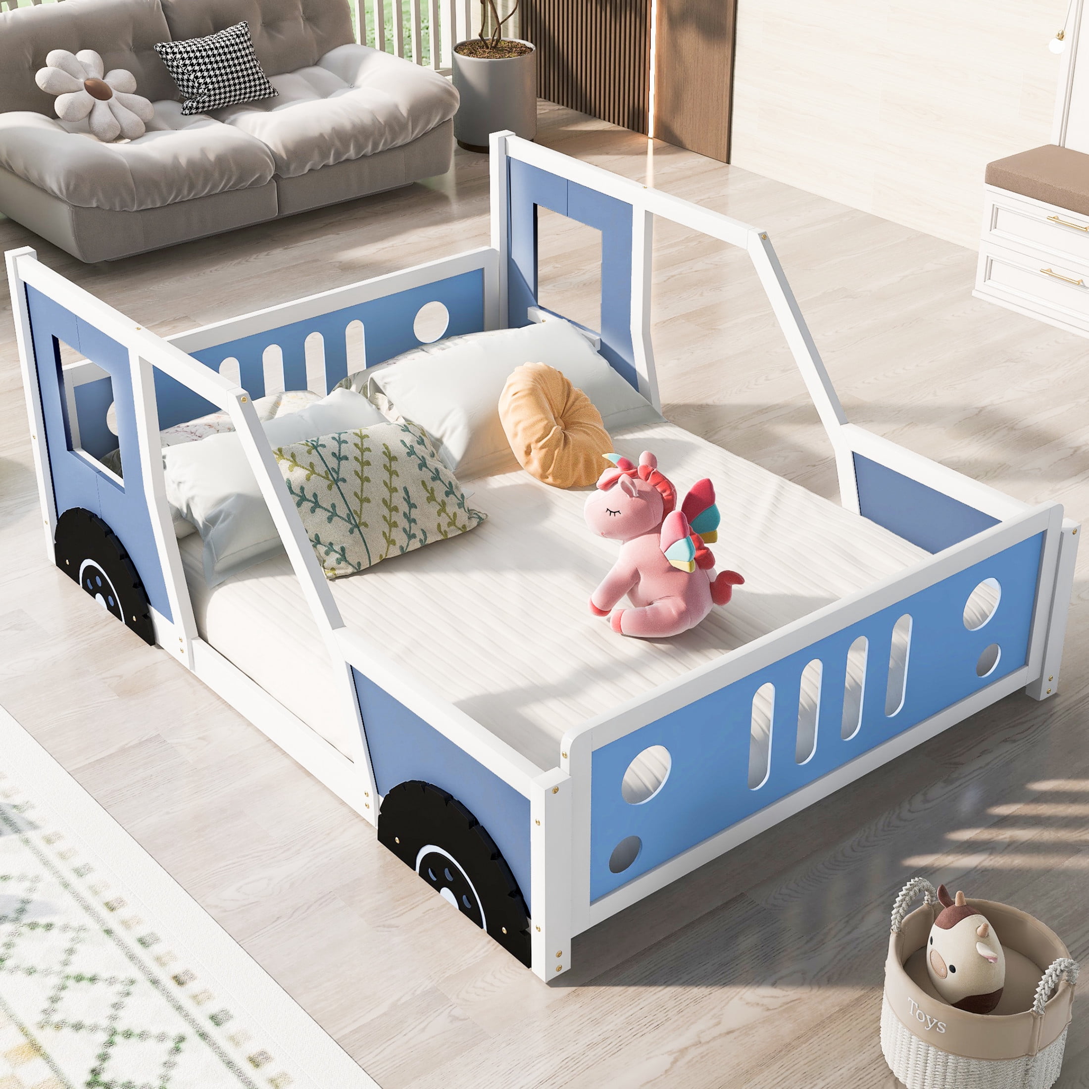 Noble House Full Classic Car-Shaped Platform Bed, Playful Pine Wood Frame with Doors and Wheels, Blue