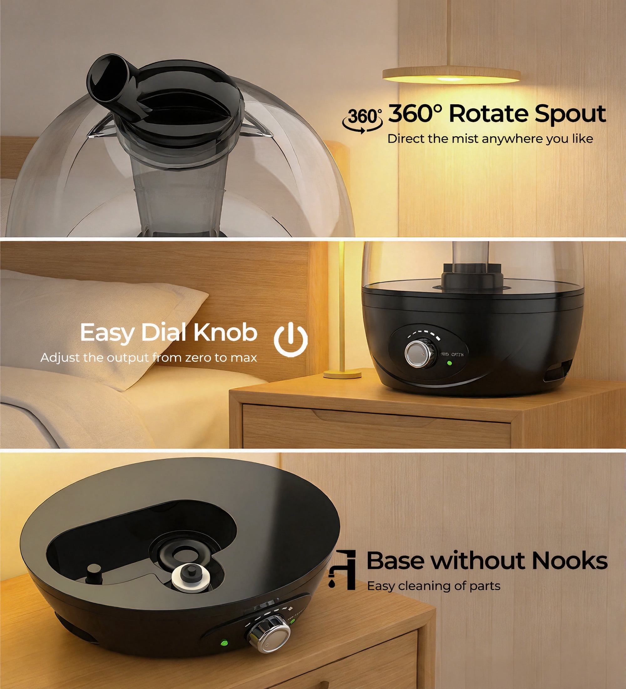 NFTIGB Cool Mist Humidifier for Bedroom, Quiet Ultrasonic Humidifier with 3L Water Tank and Adjustable Mist Output, Black