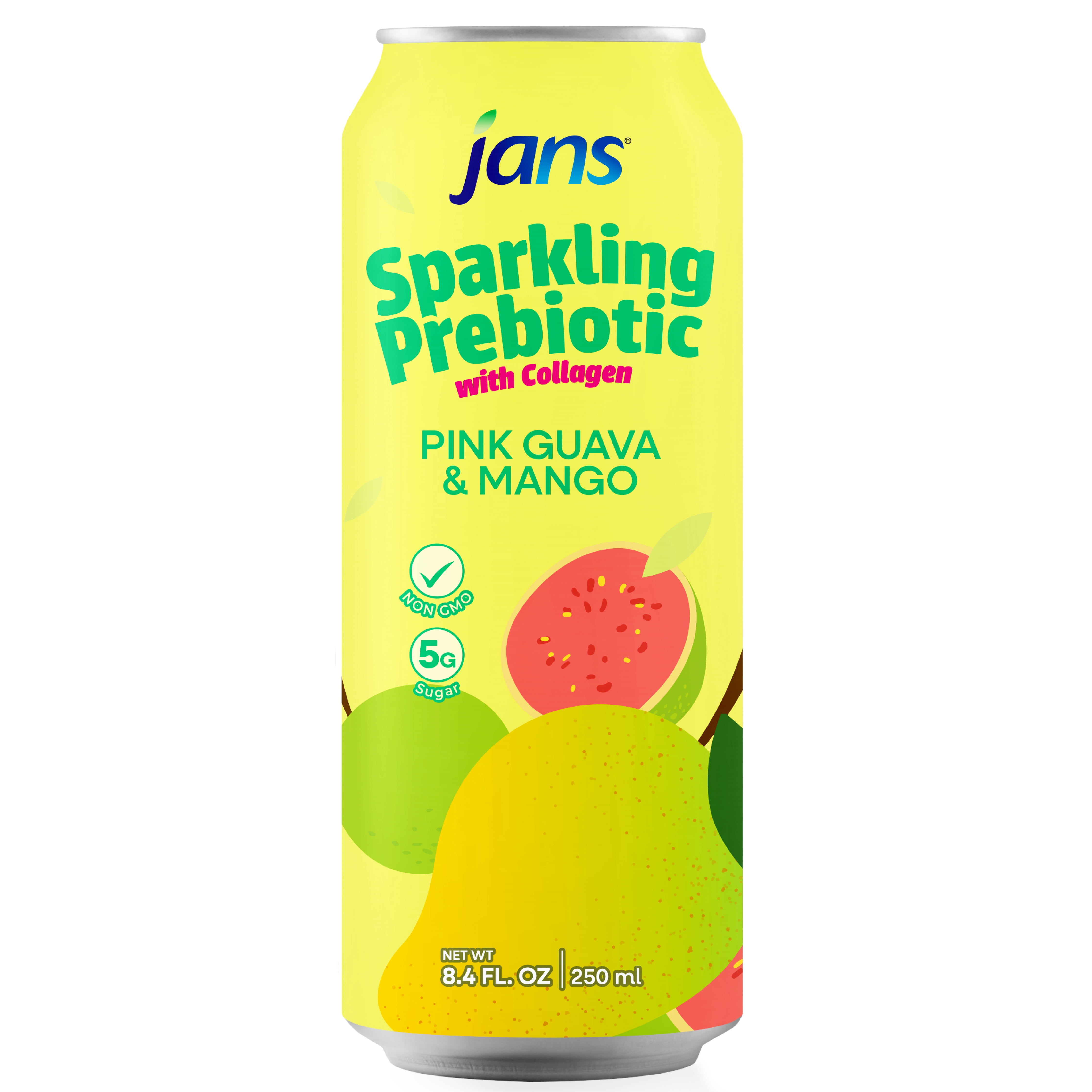 Jans Sparkling Prebiotic Soda Beverage, 8.4 oz – Low Calorie, No Added Sugar – Non-GMO Sparkling Fruit Beverage – Gut Health Support – Naturally Refreshing (24-Pack, Pink Guava & Mango with Collagen)