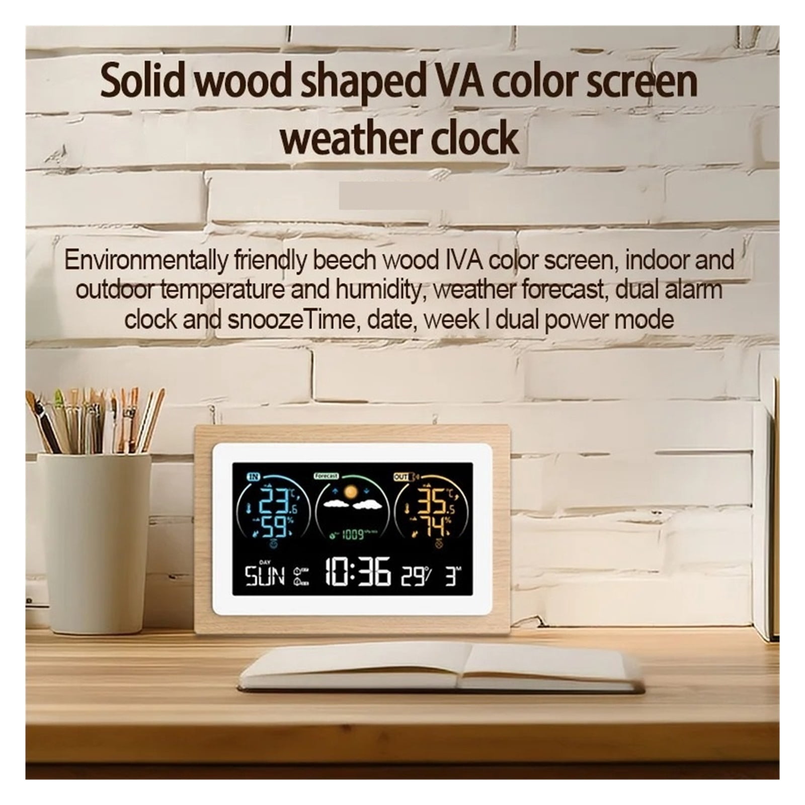 Weather Station with Dual-Alarms Clock Temperature & Humidity Meter Multifunctional VA Large Color