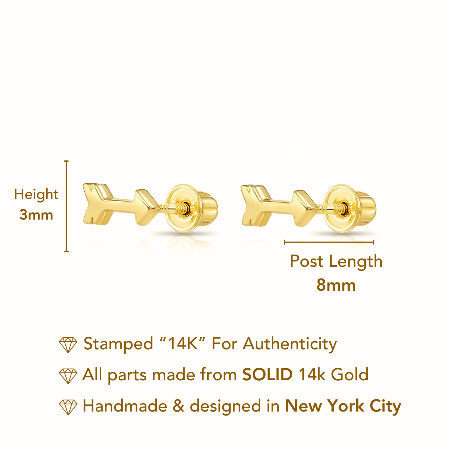 Tilo Jewelry 14K Yellow Gold Mini Arrow Stud Post Earrings with Secure Screw-Backs | Dainty Everyday Earrings for Women & Unisex