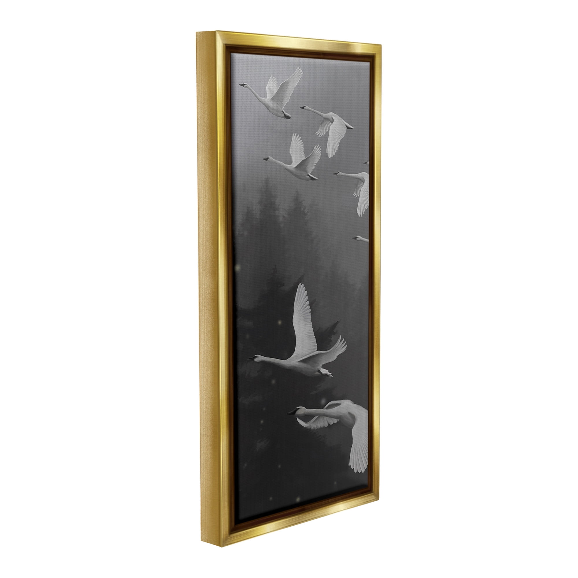 Stupell Industries Flying Swan Flock Animals & Insects Painting Gold Floater Framed Canvas Art Print Wall Art, 14 x 31