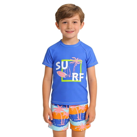 Toddler Swimsuit Boy Size 2-3Y Palm Tree Surfboard Print Short Sleeve Swimsuit Top Swim Bottoms 2 Piece Boys Bathing Suit