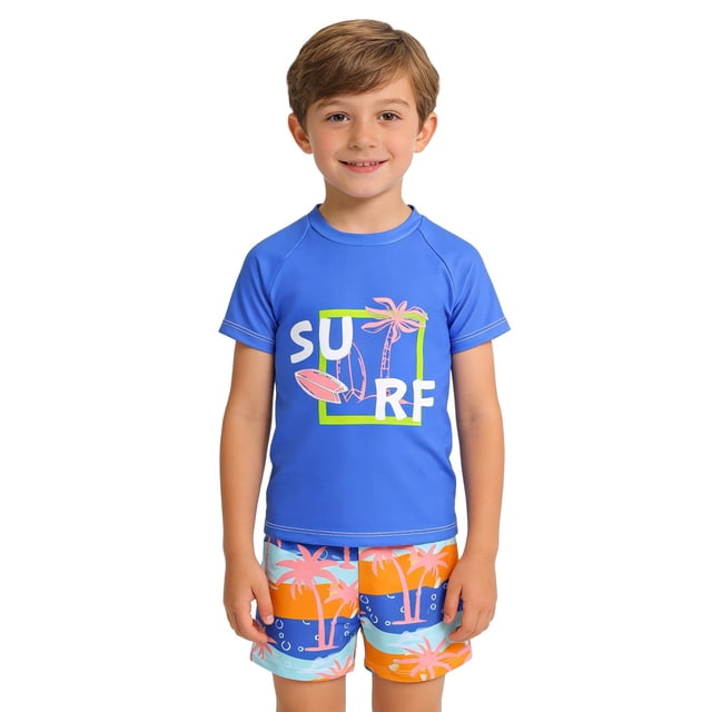 Boys Rash Gaurd Short Sleeve Cartoon Print Swim Shirts Swim Trunks 2 Piece Swim Set Sun Protection 5-6 Years Swim Suit Boy