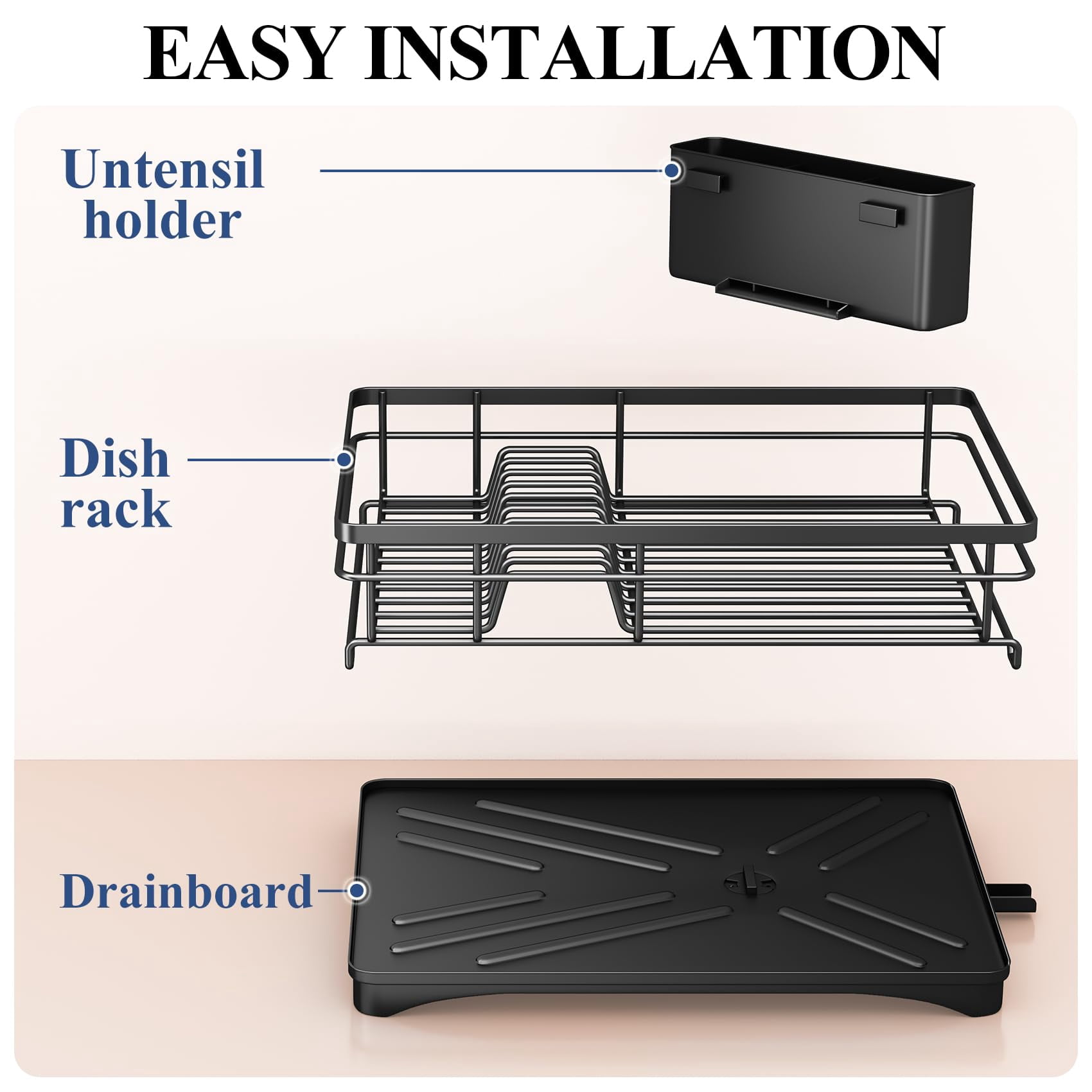 Gimgong Metal Dish Rack with Utensil Holder and Drainboard, Anti-Rust Kitchen Organizer, Black