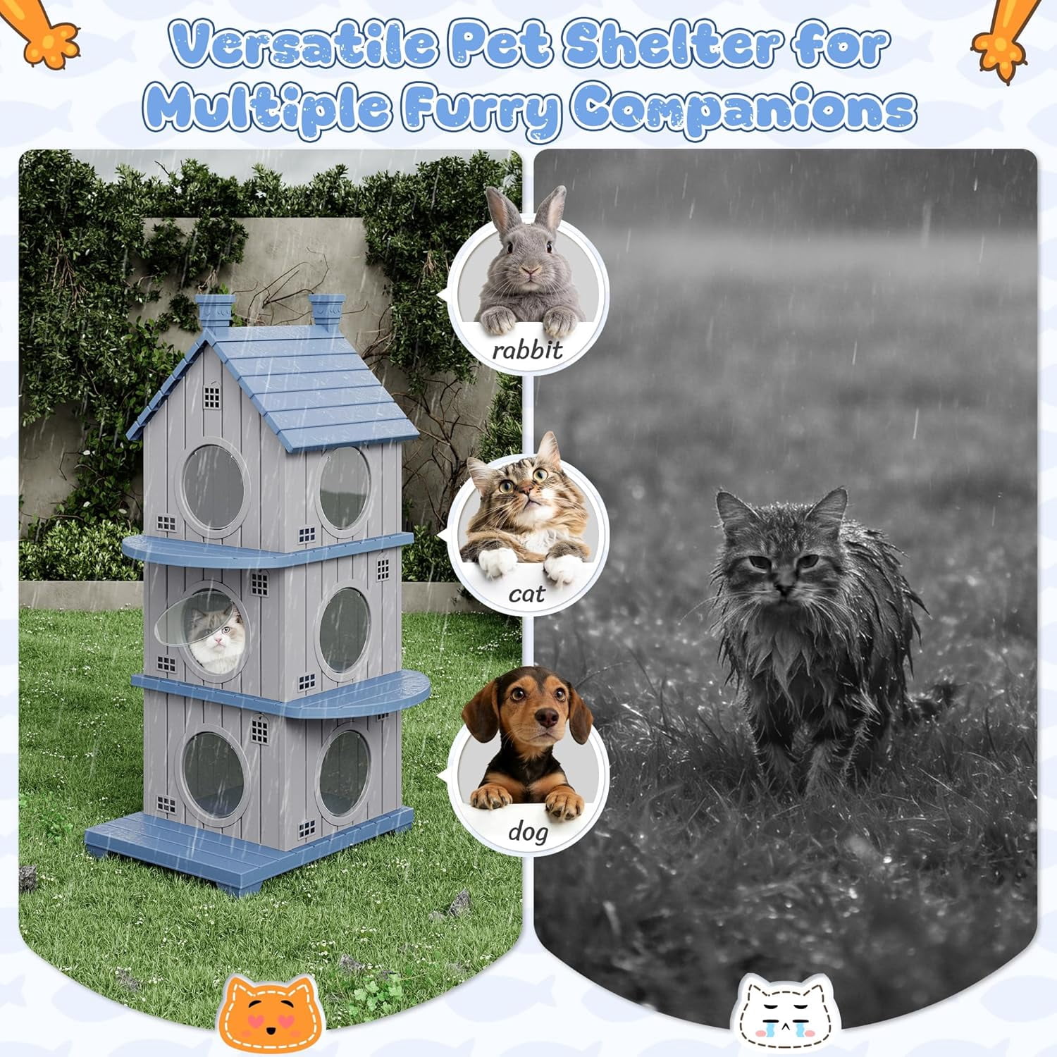 FICARTS Indoor/Outdoor Cat House, Weather-Resistant Pet Shelter with Elevated Base, Multi-Entry Cat Cottage for Feral & Household Cats