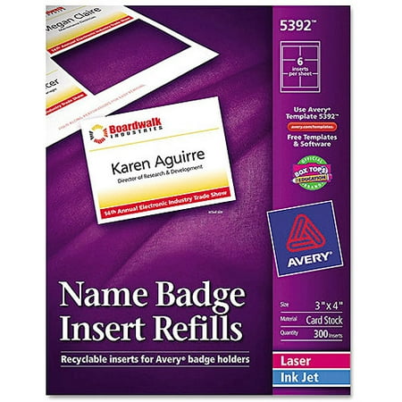 Avery 5392 Name Badge Insert Refill, 3 x 4, White, 300/Box