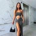 thumbnail image 4 of Women's New Solid Color Hollow Pleated Long Dress-Black-M, 4 of 7