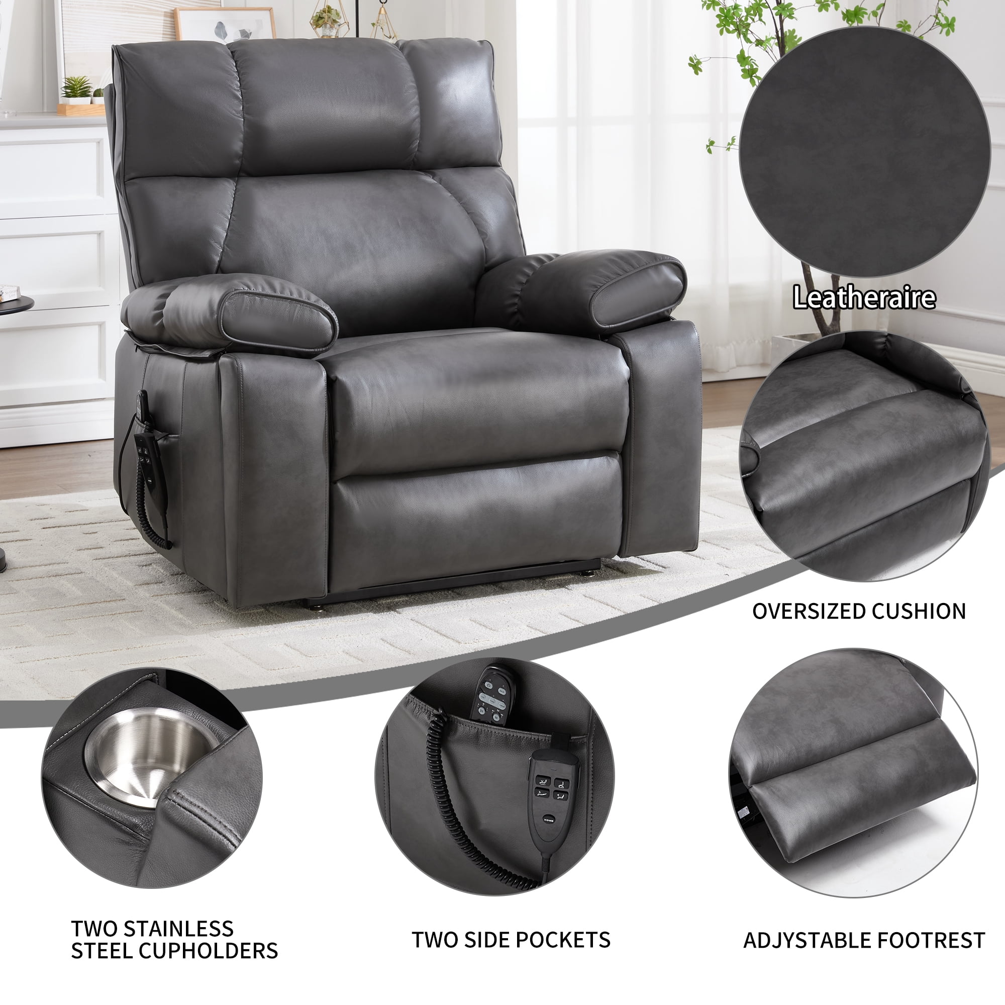 SEGMART Recliner Chair with Remote Control for Adults, PU Leather Single Recliner Chair w/ Bread-Type Thick Handrail & Side Pocket, for Home, Living Room, Lounge, 330lbs, S12548