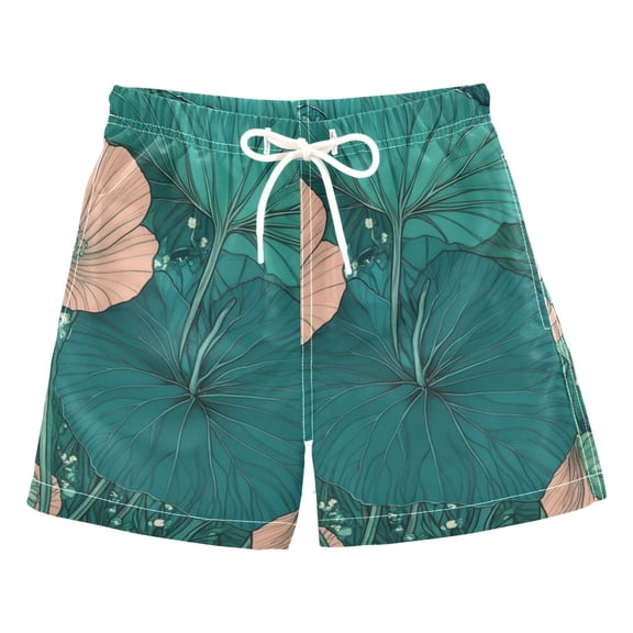 Blue Green Lotus Leaf Boys Swim Trunks Quick Dry Boy Swim Shorts for 3-14 Years
