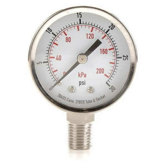 Commercial Pressure Gauge, 0 to 30 psi, 2 in Dial, 1/4 in NPT, Bottom Location