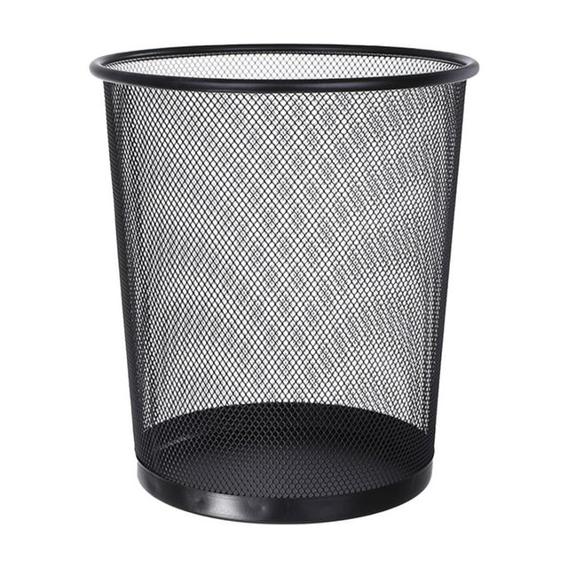 TopLLC Mesh Trash Can, a large capacity round open top metal wire waste basket in black. Made of durable metal with a ventilated mesh design to prevent moisture and odour buildup. Features a reinforced top rim and base for stability. Suitable for use in bedrooms, offices, kitchens, bathrooms, and more.