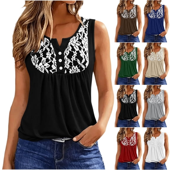 VBVC Women's Contrast Lace V Neck Tank Top , Ladies' Button Detail Empire Waist Blouse , Summer Sleeveless Babydoll Shirts For Women,Black,S-2XL