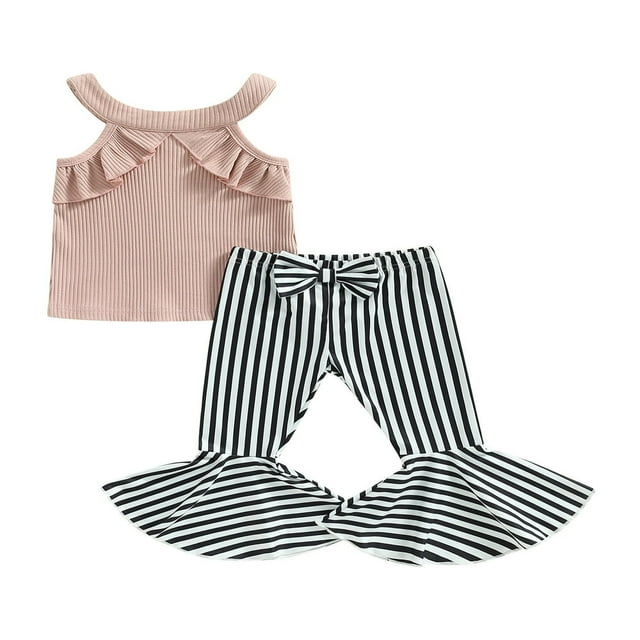 PENGXIANG Toddler Baby Girls Summer Outfits Ruffle Ribbed Halter Tank Tops and Printed Bell Bottom Pants Sets Pink 3-4 Years