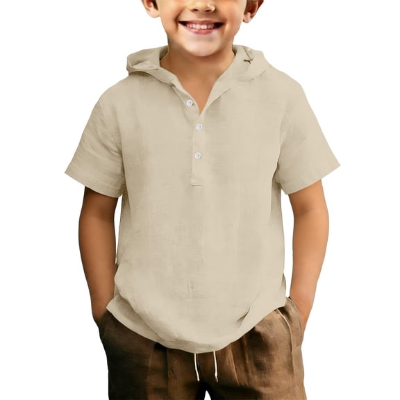 Boys Hoodie Linen Shirts Button Up Henley Short Sleeve Casual Shirts Youth Teens Summer Lightweight Beach Vacation T Shirts