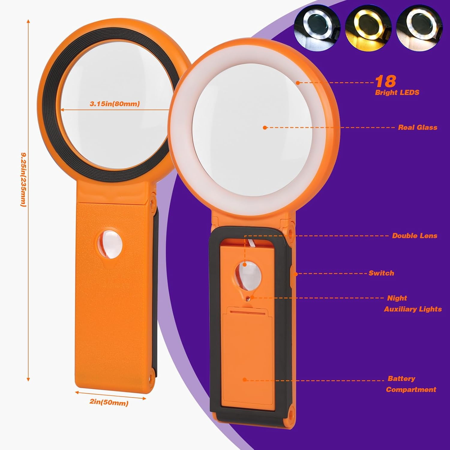 Magnifying Glass with Light and Stand, Foldable Handheld 18 LED Illuminated Lighted Magnifier for Macular Degeneration, Seniors Reading, Close Work, Coins, Jewelry Orange