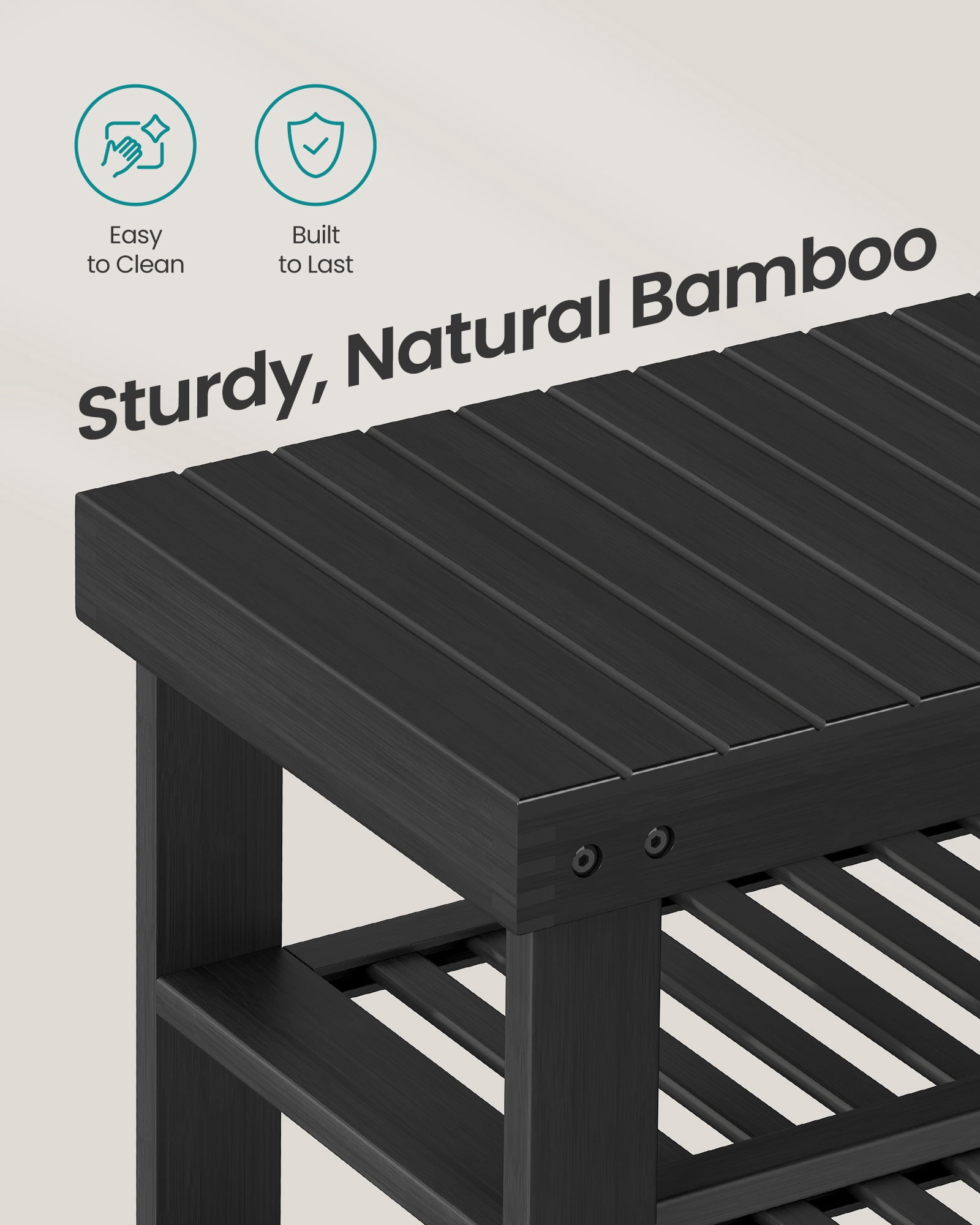 SONGMICS Shoe Rack Bench, 3 Tier Bamboo Shoe Storage Organizer, Entryway Bench, for Living Room, Bathroom, Bedroom, 11.3 x 27.6 x 20.5 Inches, Ink Black