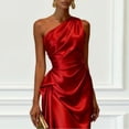 thumbnail image 2 of Morttic Women's Solid Color Ruched Waist One Shoulder Midi Dress – Elegant Satin Sleeveless Cocktail Gown Red，L, 2 of 4