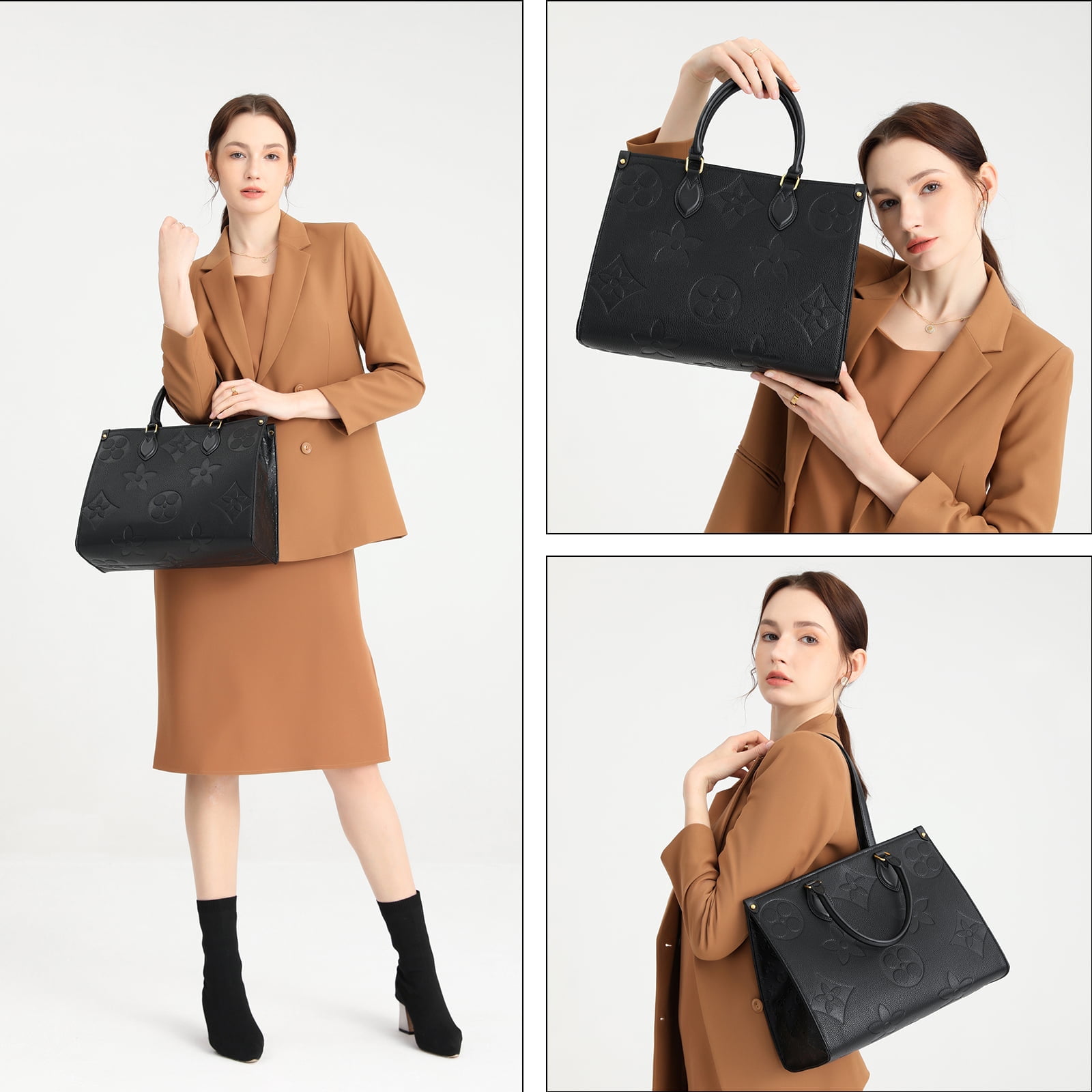 Mila Kate Top Handle Tote Bags for Women Designer Inspired Shoulder Handbags.  Embossed Flower Shape Beige Color. MediumSize: 13.5 x 10.3 x 5.5 Inches. 