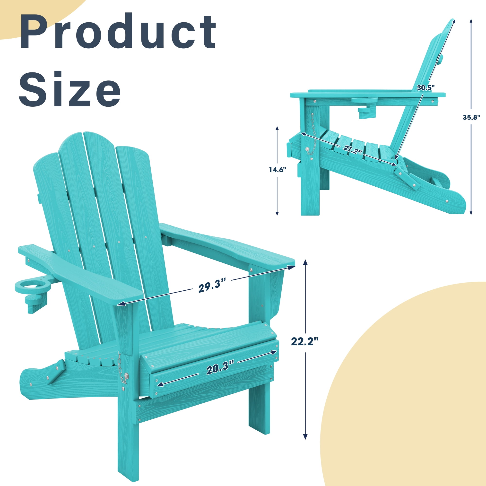 KINGYES Folding Adirondack Chair Set of 4 with Cup Holder, HDPE Outdoor Adirondack Fir Pit Chairs for Patio Garden Backyard Deck, Aruba Blue