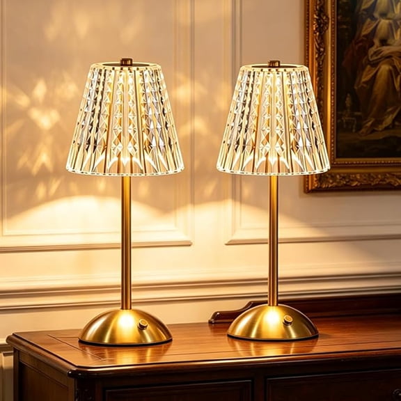 2 PACK Cordless Crystal Table Lamp Rechargeable Touch Lamp, 3 Color Dimmable LED Desk Light for Bedroom Living Room Decor - USB-C Charging, Battery Operated, Crystal Shade, Gold