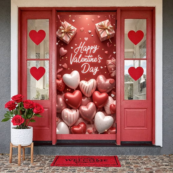 Red Theme Valentine's Day Banner Heart-shaped Balloons Love Display Gift Box Design Gold Ribbon Heart Backdrop for Valentine's Day Party Romantic Date Anniversary Celebration