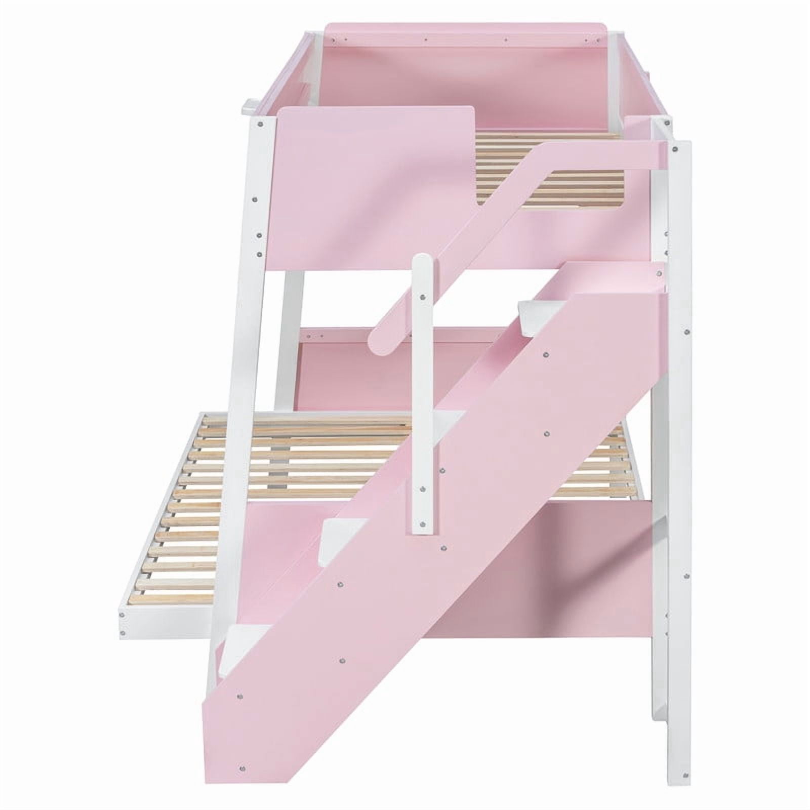 Twin over Full Bunk Bed with Striped-Design Staircase, Kids Teens Wooden Storage Bed Frame with Side Shelves