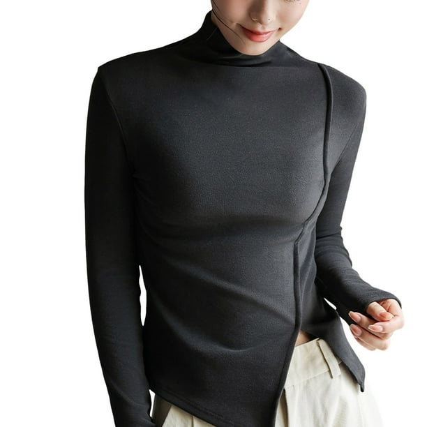 Camiseta básica de manga larga para mujer: cuello alto, corte ajustado, elástica y ligera, blusa para combinar con otras prendas, ideal para hacer ejercicio o para un look informal.