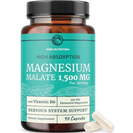 Magnesium Malate 1500MG | Energy & Nervous System Support | 300MG Elemental Mag Per Serving | High Absorption Magnesium Malate Capsules with VIT B6 + Black Pepper | Non-GMO | 90 Ct (1 Month Supply)
