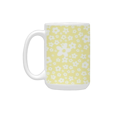 

Floral Graphic Daisy Blossoms Design on Yellow Background Spring Flowers Artwork es Yellow and White Ceramic Mug (15 OZ) (Made In USA)