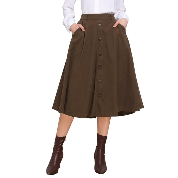 Falda de pana para mujeres, con botones en la parte delantera, de cintura alta, vintage, elástica, en línea A, acampanada, casual, midi, con bolsillos, XL, marrón