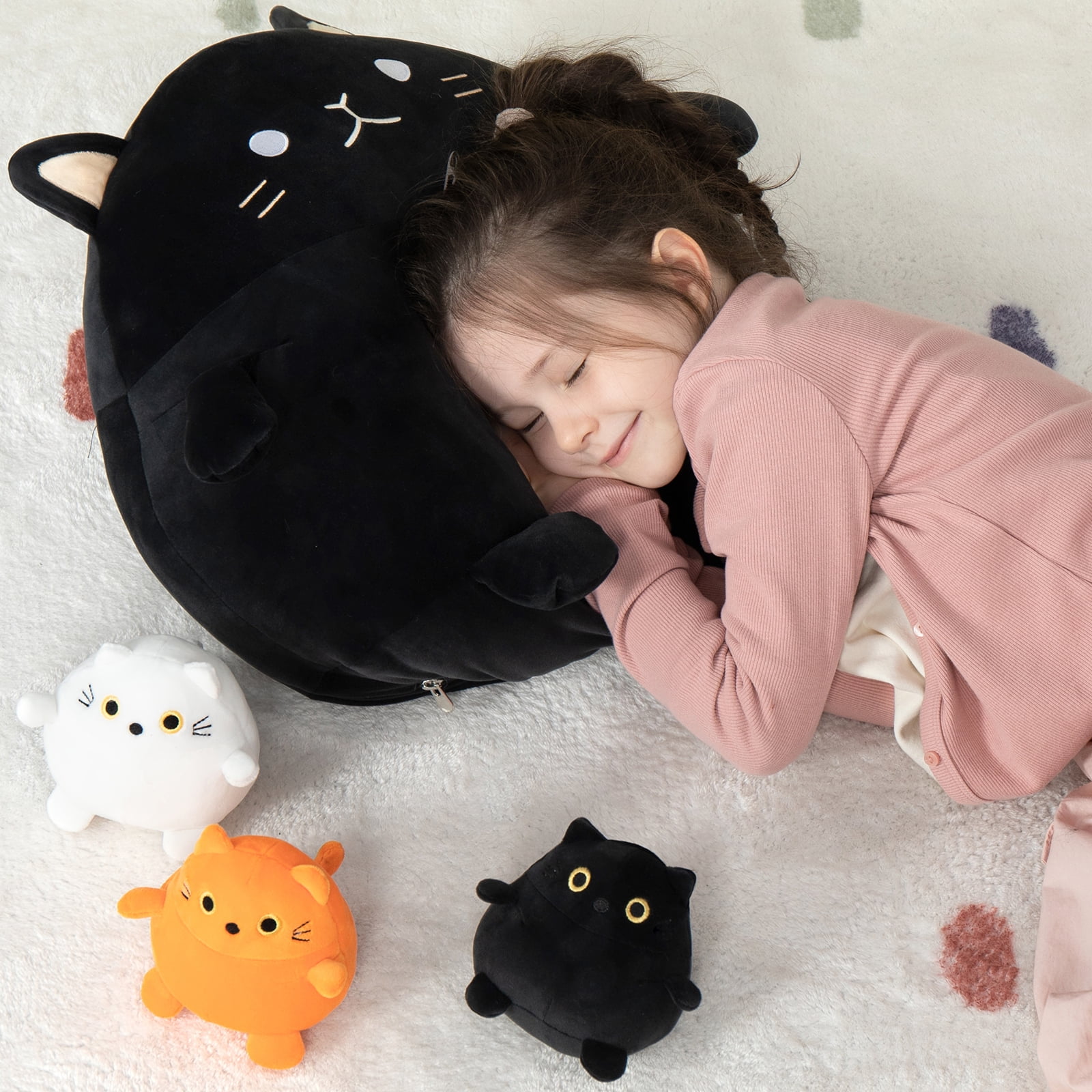 MorisMos 16" Black Fat Cat Stuffed Animal Mommy Cat with 3 Kitty Plush Toys