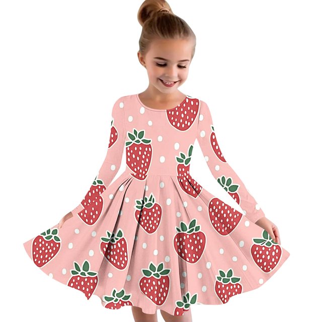 Odeerbi Niñas Vestido de Patinadora Estampado Fresa Vestidos de Princesa 4-14 Años Niñas Vestido de Patinadora Cuello Redondo Vestido de Manga Larga