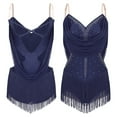 thumbnail image 5 of YiZYiF Women's Rhinestone Latin Dance Costume Ruched Mesh Tassel Samba Rumba Jazz Leotard Bodysuit Navy Blue-B XL, 5 of 6