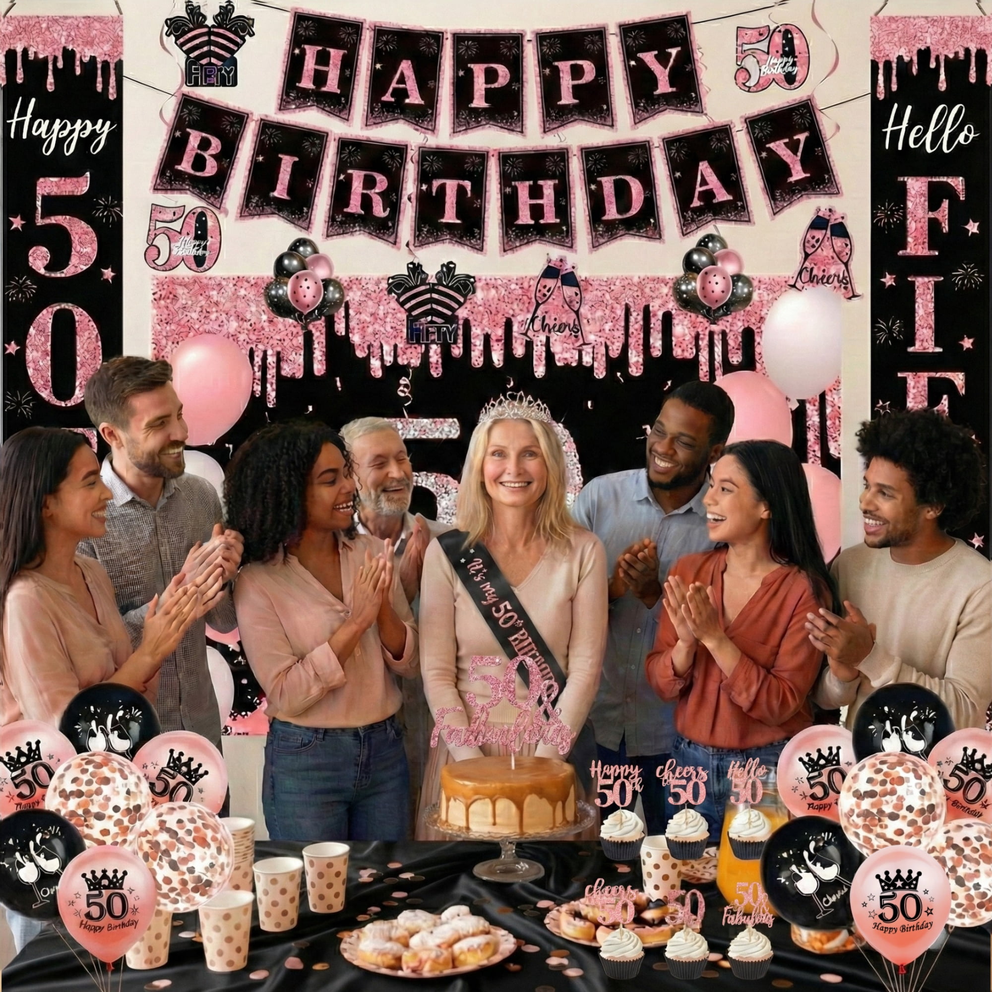 50th Birthday Party Decorations Kit Rose Gold Black – Happy 50th & Fabulous Banner, Crown & Sash, Balloons, Photo Backdrop, Hanging Swirls, Table Signs – 45PCS Decorations Set for Women