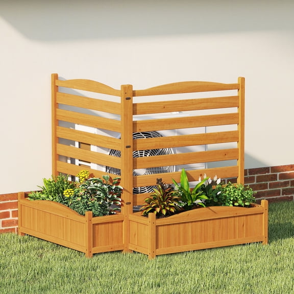 Gymax Air Conditioner Fence w/Planter Box 2-Panel Freestanding Wood Privacy Screen