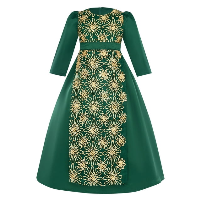 Jizyo Robe Maxi Abayas Musulmanes pour Filles une Pièce Manches Longues Robe de Prière Islamique Robe Caftan Arabe Vert Noirâtre 110/4Y