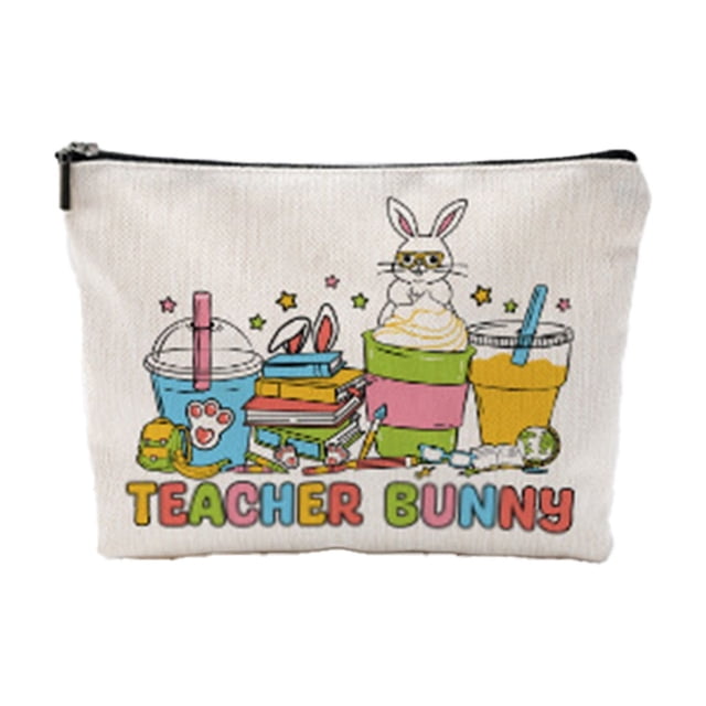 B Multi-Purpose Zippered Pouch With Easter Prints Linen Fabric Carry Case For Organizing Cosmetics Stationery And Travel Items