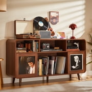 iPormis 56.1" Large Record Player Stand, Record Storage Cabinet with Charging Station, Mid Century Vinyl Player Stand, Adjustable Shelf, Media Cabinet with Sliding Doors for Music&Living Room, Walnut