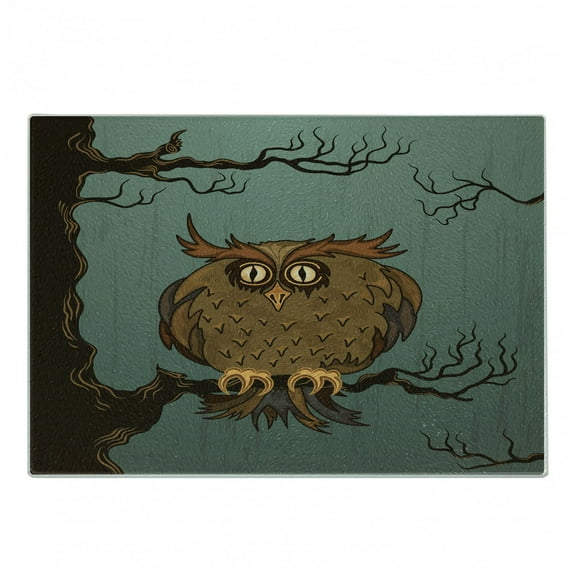 Owl Cutting Board, Exhausted Hangover Tired Owl in Oak Tree with Eyebrows Nature Cartoon Funny Art, Decorative Tempered Glass Cutting and Serving Board, Small Size, Blue Brown, by Ambesonne