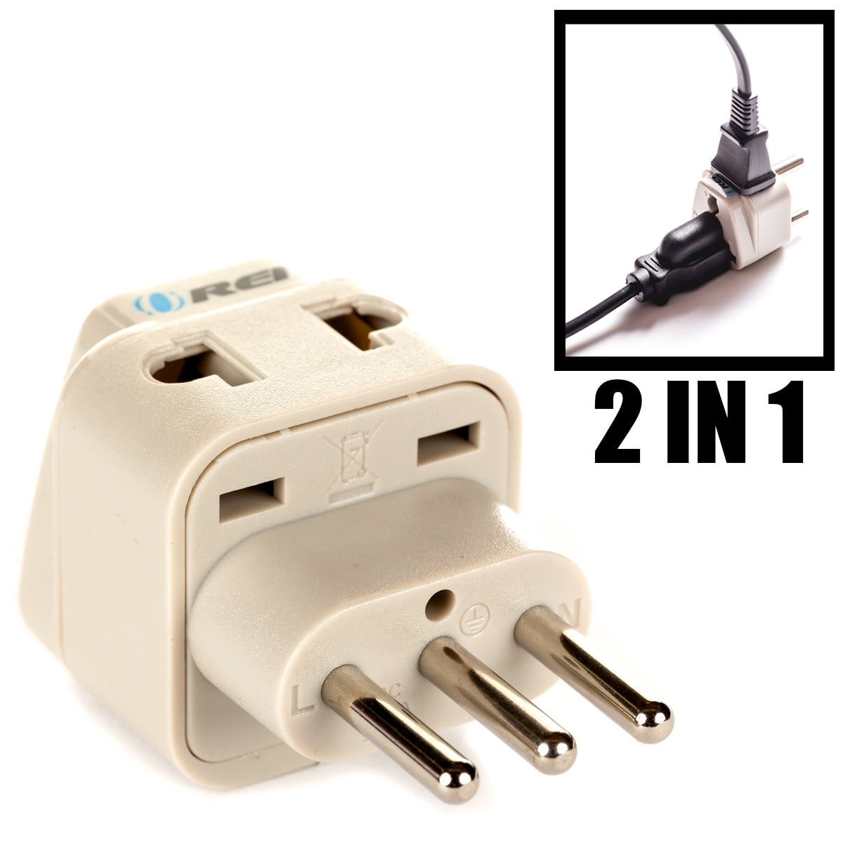 OREI Grounded Universal 2 in 1 Plug Adapter Type L for Italy, Uruguay