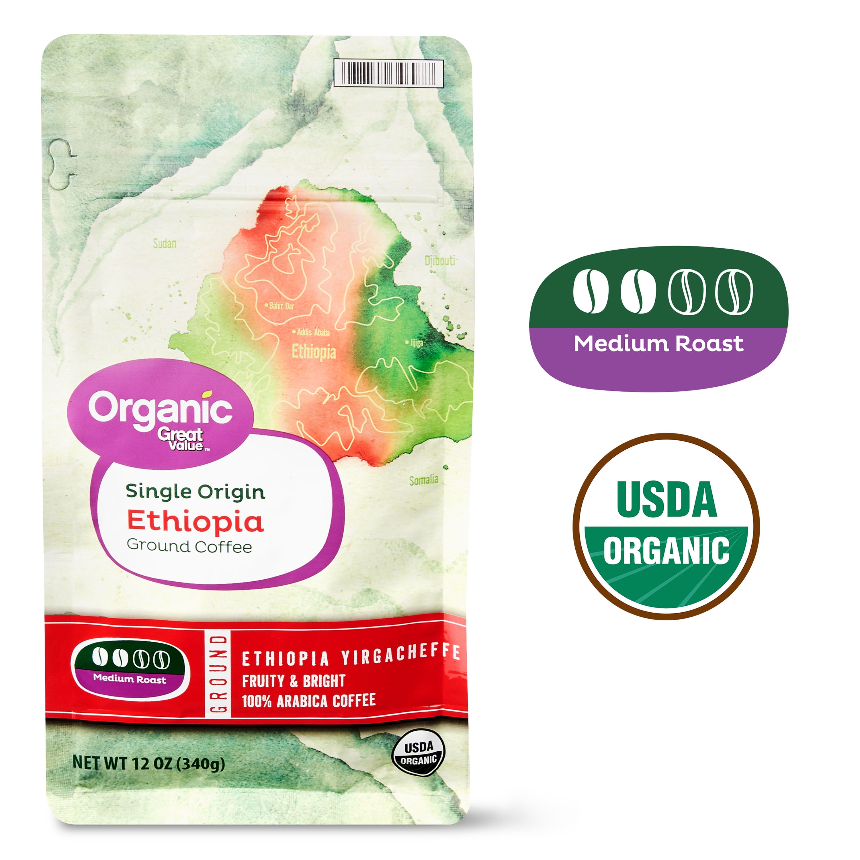 Great Value Organic Single Origin Ethiopia Ground Coffee, 12 oz