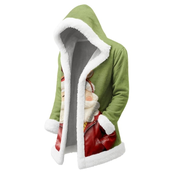 Unisex Casual and Fashionable Plush Collar Hooded Long Sleeve Jacket with Christmas Printing, for Men and Women Daily Use,Wine,XL