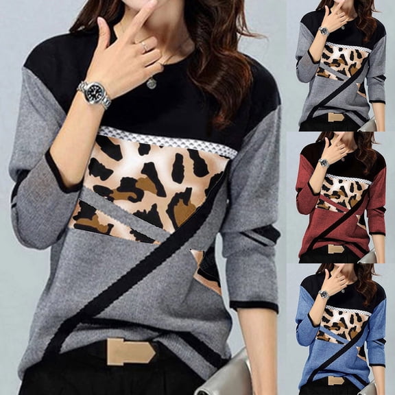 Jinhomg Color Block Tops for Women Casual Long Sleeve Crewneck Patchwork T Shirts Trendy Fall Loose Tunic Tops Blue,S