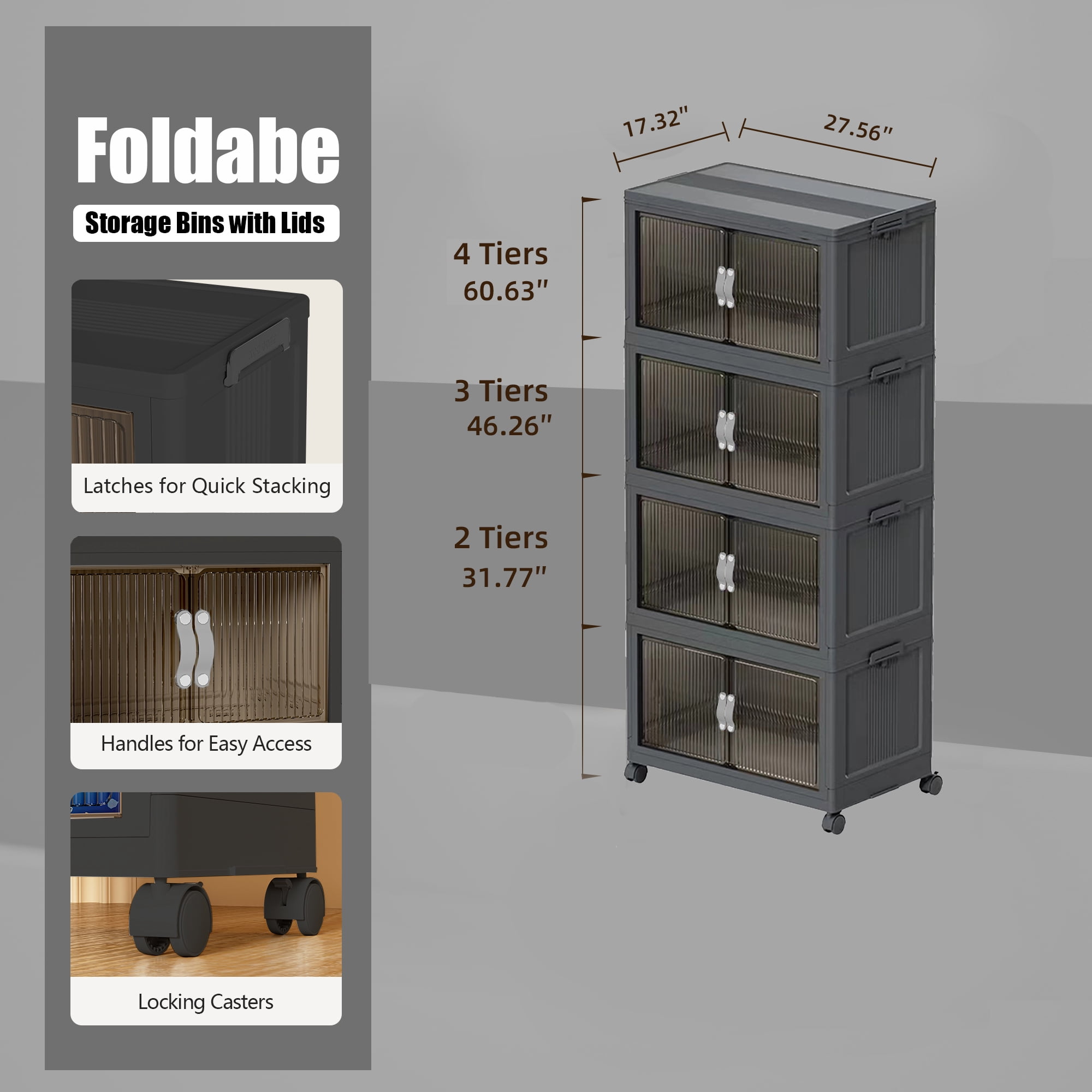 131QT 4 Tier Stackable Storage Bins with Magnetic Front Door & Top Lid, Collapsible Plastic Foldable Storage Cabinet, Closet Organizer for Bedroom, Kitchen, Bathroom Gray 4T