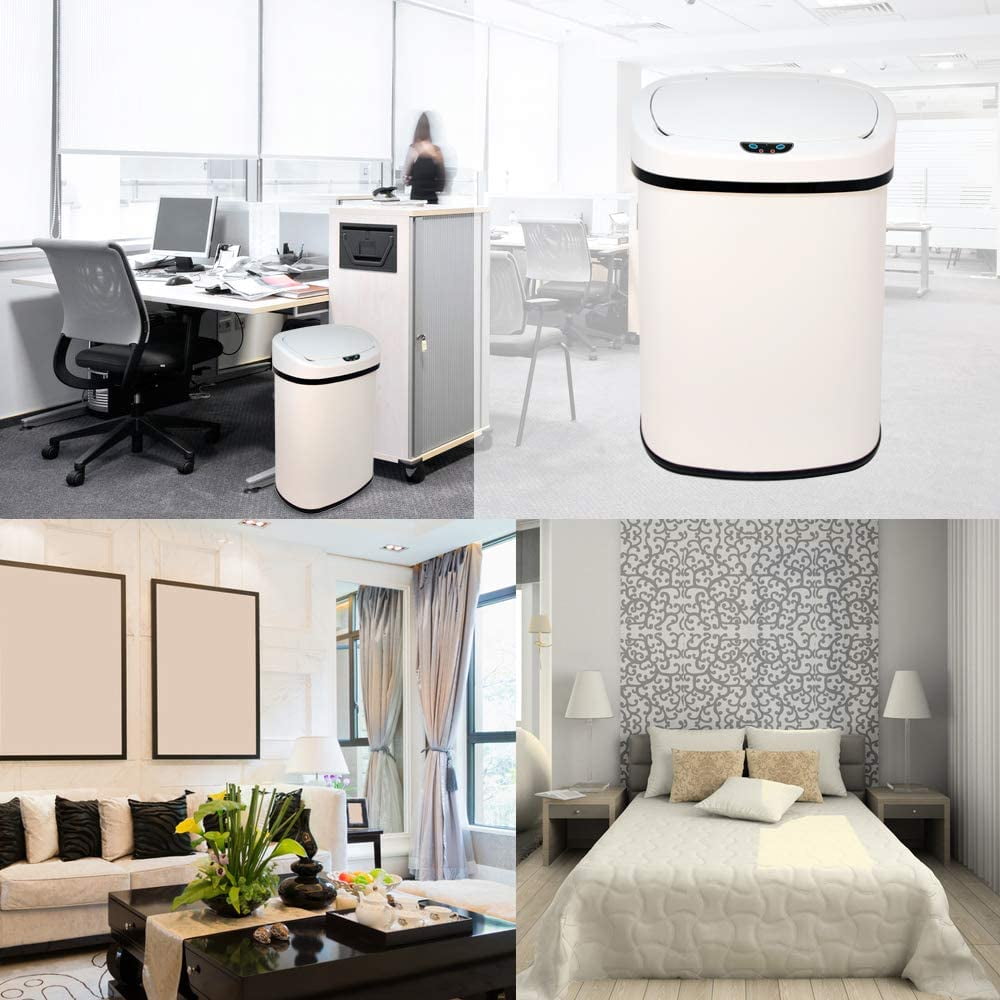 Automatic Garbage Can Touch Free Stainless Steel Trash Can No Touch Kitchen Waste Bin High-Capacity Bathroom Trash Can with Lid for Home Bedroom Office, White