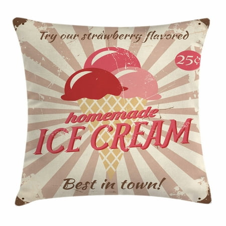 Ice Cream Decor Throw Pillow Cushion Cover, Vintage Sign with Homemade Ice Cream Best in Town Quote Print, Decorative Square Accent Pillow Case, 18 X 18 Inches, Red Coral Cream Tan, by (Best Fake Tan Cream)