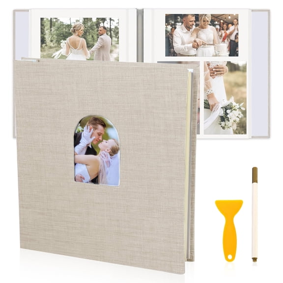 Photo Album Self Adhesive, 40 Pages 4x6 6x8 Photo Scrapbook, Linen Cover Memory Book with Display Window, With Pen and Scraper, Beige