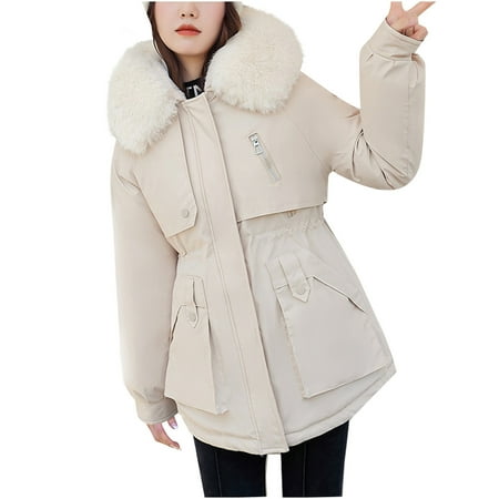 

Women s Elegant Warm Puffer Jacket Long Sleeve Casual Winter Coat Fleeced Faux Fur Zip up Hoodies Parka Trench